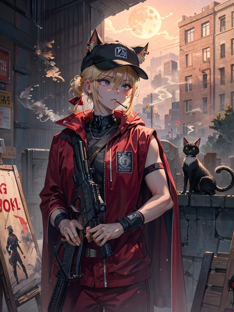 ((kalachnikov_fusil,agression_fusil ,holding_pistolet))  (((cheveux blond　queue de cheval courte　Portez une casquette)))　((cyberpunk　des boucles d&#39;oreilles　Fumer une cigarette en solo)),((Lune brillante　fond brillant)) ,((oreilles de chat)), ((Sans manches)),((Casquette de baseball rouge vin)),((Porter un uniforme de baseball rouge vin))、((Cape rouge))、yeux bleu pâle ,Haut du corps,(Meilleure qualité, 8k, peinture à l&#39;huile, Chef-d&#39;œuvre:1.2), Super détaillé, (le réalisme, Il&#39;c&#39;est photoréaliste:1.37), 