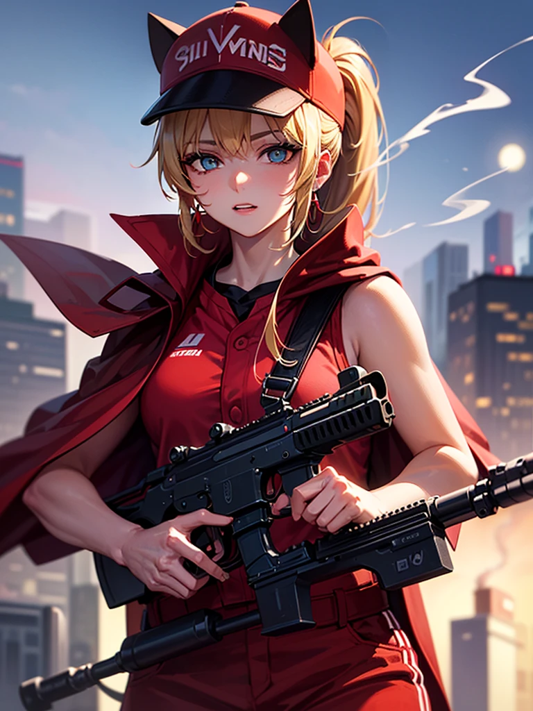 ((kalachnikov_fusil,agression_fusil ,holding_pistolet))  (((cheveux blond　queue de cheval courte　Portez une casquette)))　((cyberpunk　des boucles d&#39;oreilles　Fumer une cigarette en solo)),((Lune brillante　fond brillant)) ,((oreilles de chat)), ((Sans manches)),((Casquette de baseball rouge vin)),((Porter un uniforme de baseball rouge vin))、((Cape rouge))、yeux bleu pâle ,Haut du corps,(Meilleure qualité, 8k, peinture à l&#39;huile, Chef-d&#39;œuvre:1.2), Super détaillé, (le réalisme, Il&#39;c&#39;est photoréaliste:1.37), 