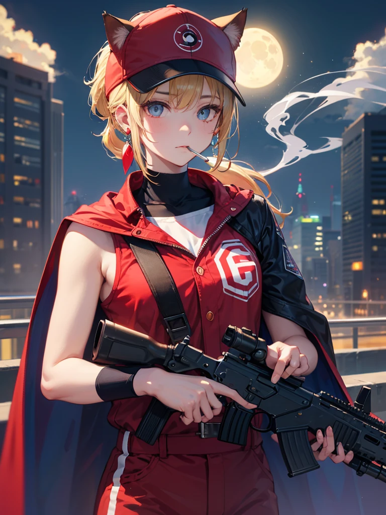 ((kalachnikov_fusil,agression_fusil ,holding_pistolet))  (((cheveux blond　queue de cheval courte　Portez une casquette)))　((cyberpunk　des boucles d&#39;oreilles　Fumer une cigarette en solo)),((Lune brillante　fond brillant)) ,((oreilles de chat)), ((Sans manches)),((Casquette de baseball rouge vin)),((Porter un uniforme de baseball rouge vin))、((Cape rouge))、yeux bleu pâle ,Haut du corps,(Meilleure qualité, 8k, peinture à l&#39;huile, Chef-d&#39;œuvre:1.2), Super détaillé, (le réalisme, Il&#39;c&#39;est photoréaliste:1.37), 