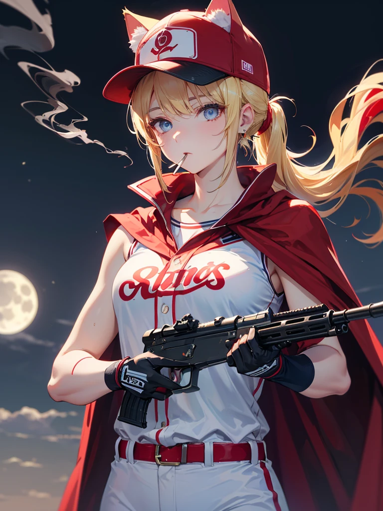 ((kalachnikov_fusil,agression_fusil ,holding_pistolet))  (((cheveux blond　queue de cheval courte　Portez une casquette)))　((cyberpunk　des boucles d&#39;oreilles　Fumer une cigarette en solo)),((Lune brillante　fond brillant)) ,((oreilles de chat)), ((Sans manches)),((Casquette de baseball rouge vin)),((Porter un uniforme de baseball rouge vin))、((Cape rouge))、yeux bleu pâle ,Haut du corps,(Meilleure qualité, 8k, peinture à l&#39;huile, Chef-d&#39;œuvre:1.2), Super détaillé, (le réalisme, Il&#39;c&#39;est photoréaliste:1.37), 