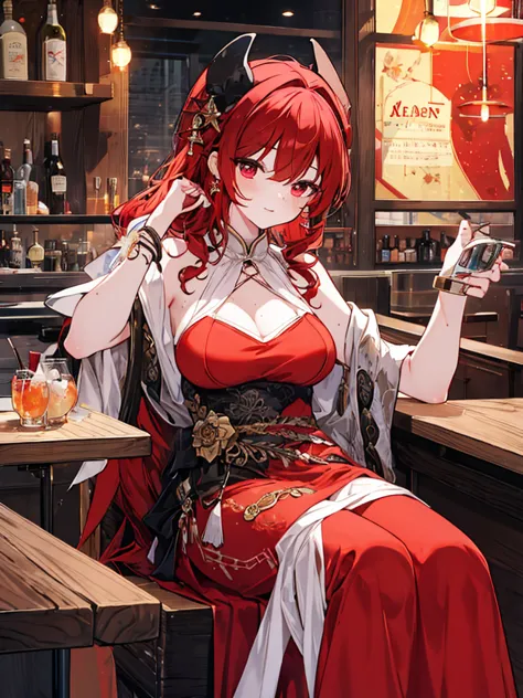 Long skirt, Anime style painting, An illustration, liquor, Woman sitting at a bar drinking a cocktail, look back, back, 背景の棚には多彩...
