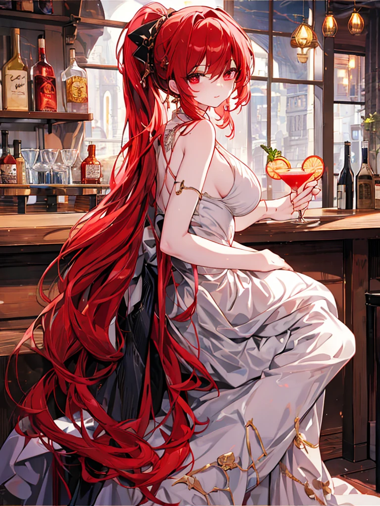 Long skirt, Anime style painting, An illustration, liquor, Woman sitting at a bar drinking a cocktail, look back, back, 背景の棚には多彩な色のliquor瓶が並んでいる, Quiet bar, Calm expression, Perfect hands, elder, Red Hair, The dignity of a 50-year-old, ほろ酔いのwoman, solo、(Highly detailed background:1.0)、(Highly detailed background:1.0)、masterpiece、Highest quality、(Babes)、Fractal Art、Red eyes、Narrow eyes、Black and red dress, Reddish lips、From the shoulders up、smile、One Woman、Red long ponytail, Curly Hair, Red eyes,Golden accessories, solo, Big Breasts, woman, Take-out, Provocative laughter,40 year old woman,Queen of Sadism, Highly detailed background, Perfect Human Medicine,