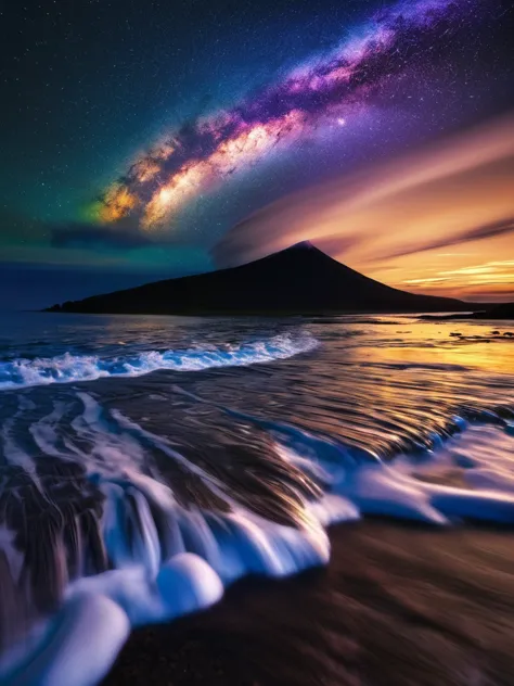 water, ocean, dark sky, sunset, milky way