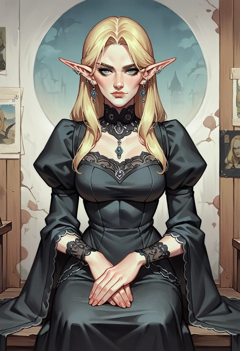 score_9, score_8_up, score_7_up, score_6_up,source_anime, anime 2d, a stunning blonde elf, grmckenna, grmckenna, gazing at viewer, conceptual artwork, High aboveper body view, gothic art, oil painting, Traditional media, wearing a modest black dress