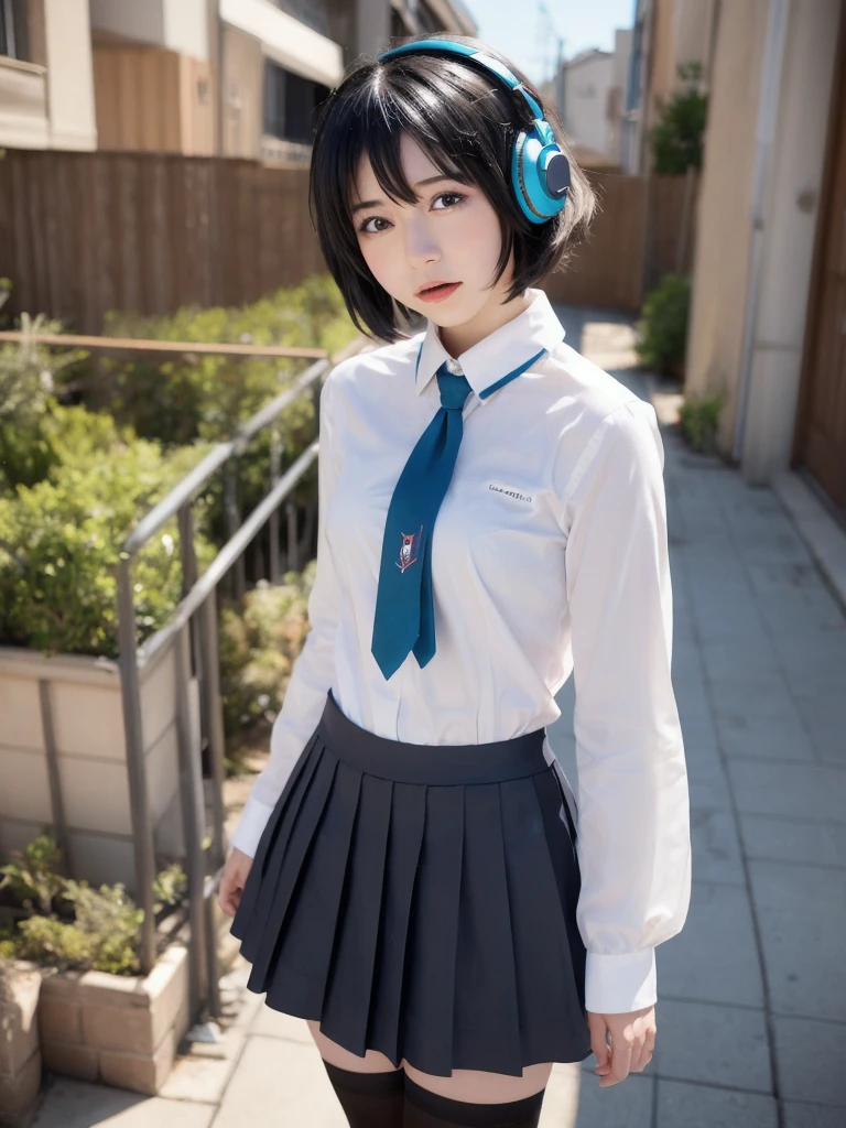 best quality, masterpiece, realistic, photorealistic, standing, cosplay, BLACK hair, twintails, hair ornament, very short hair, headphones, , sailor collar, shirt, long sleeves, necktie, skirt, pleated skirt, white thighhighs, loafers, 30 years old、Japanese women、Black Hair、Very short hair、Twin tails、Flat Chest、A blank white room as the background、Singing a song、hatsune miku