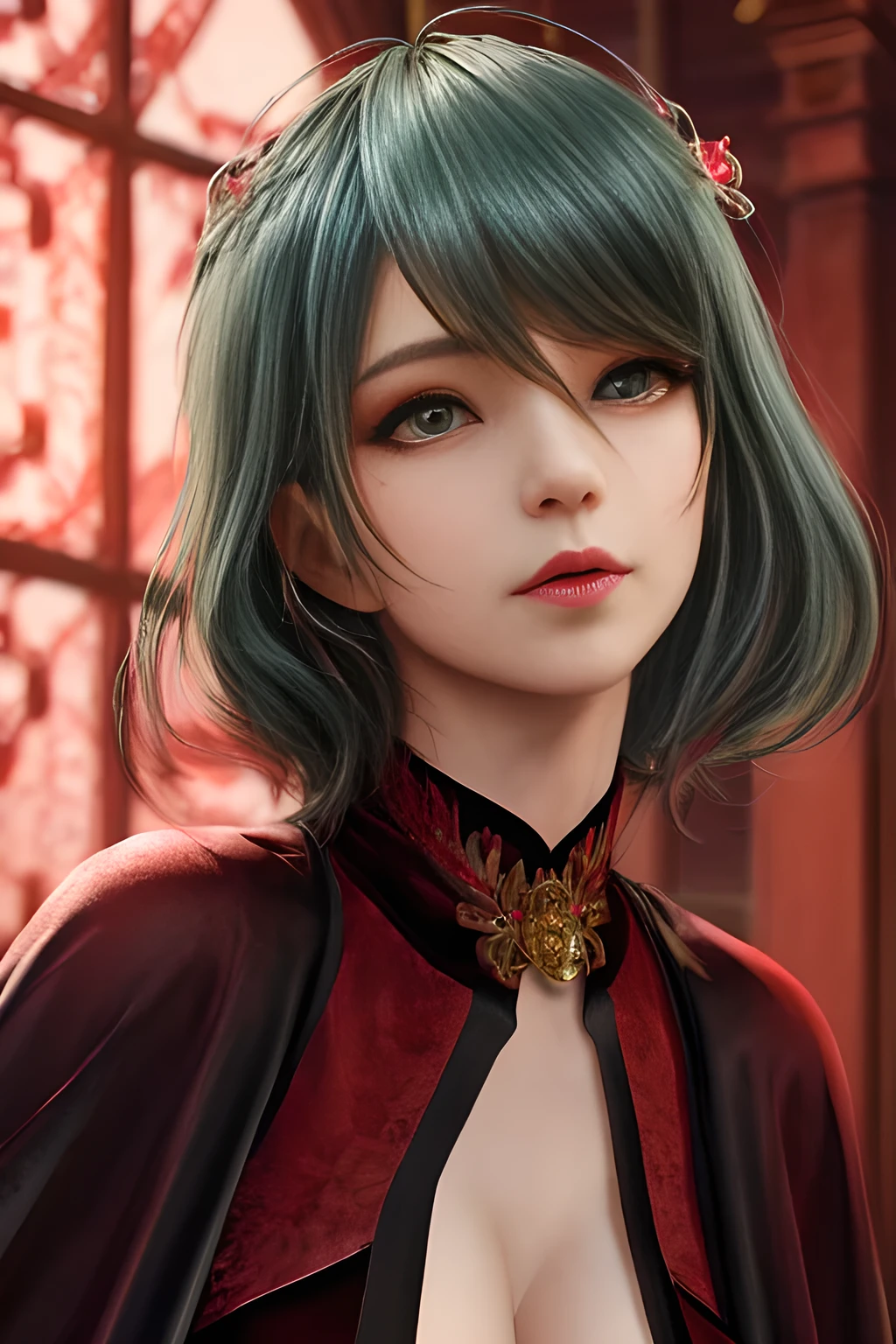 1girl,(Red Theme: 1.2), wearing a velvet dress, a gorgeous cape,, beautiful detailed eyes, beautiful detailed lips, extremely detailed eyes and face, long eyelashes, best quality, 4k, 8k, highres, masterpiece, ultra-detailed, realistic, photorealistic, photo-realistic, ethereal glow, regal elegance, intricate details, luxurious, otherworldly beauty, dark atmospheric background, supernatural aura,tamaki