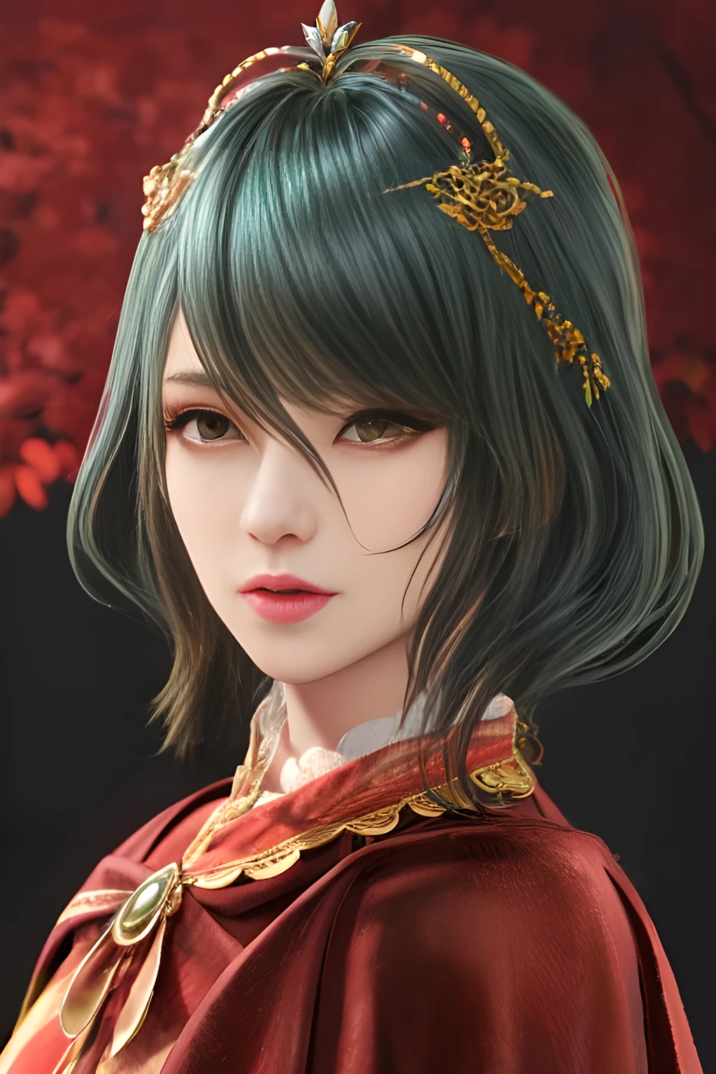 1girl,(Red Theme: 1.2), wearing a velvet dress, a gorgeous cape,, beautiful detailed eyes, beautiful detailed lips, extremely detailed eyes and face, long eyelashes, best quality, 4k, 8k, highres, masterpiece, ultra-detailed, realistic, photorealistic, photo-realistic, ethereal glow, regal elegance, intricate details, luxurious, otherworldly beauty, dark atmospheric background, supernatural aura,tamaki