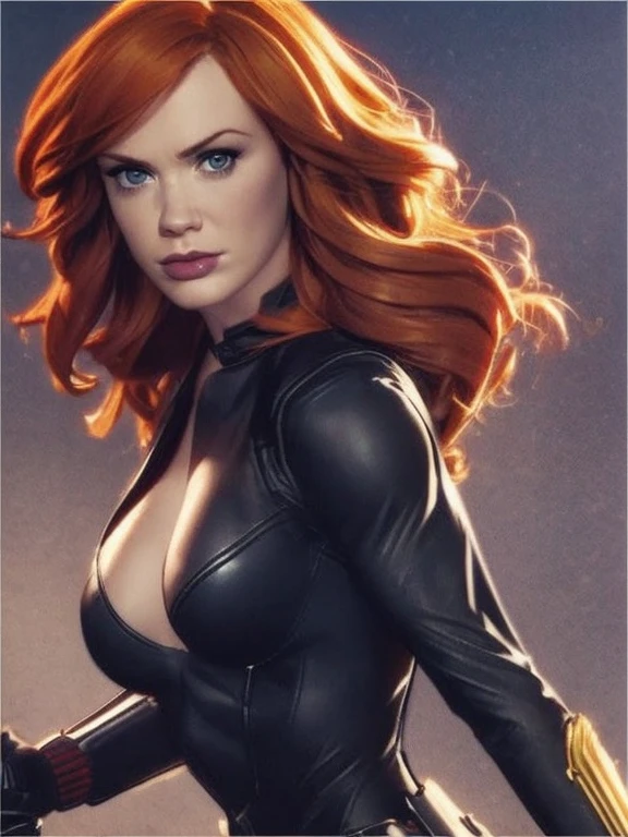 Christina Hendricks portraying the characters of Black Widow from marvel comics in a hyper-realistic masterpiece. High-quality facial research of Christina Hendricks, (Christina's sculpted cheekbones and slight wrinkles around the face), 4, High-quality detailed research of Christina Hendricks voluptuous figure. Sexy, dangerous, beautiful detailed eyes, beautiful detailed lips, long eyelashes, bold and intense gaze, skin-tight black leather suit, utility belt, fingerless gloves, metal armbands, boots, glamorous, confident expression, fierce and powerful stance.
