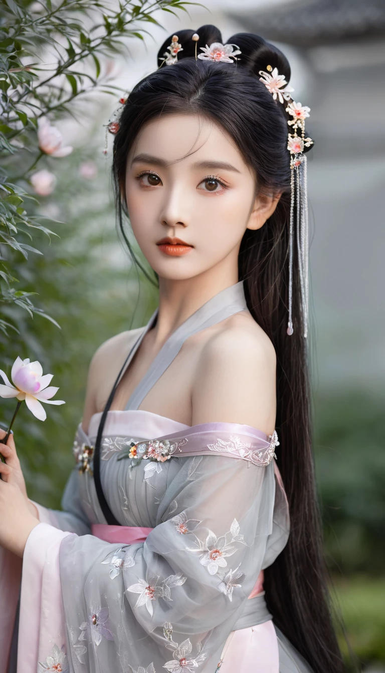 (Little Girl: 1.5), Lace, Ribbon, Hanfu, (masterpiece, Side Light, Beautifully and beautiful gray eyes: 1.2), masterpiece, Practical, Glowing eyes, Shiny hair, Black Hair, Long hair, Glowing skin, Solitary, Awkward, Strapless, Beautifully, beautiful, garden, Flowers, Flower petals flutter,