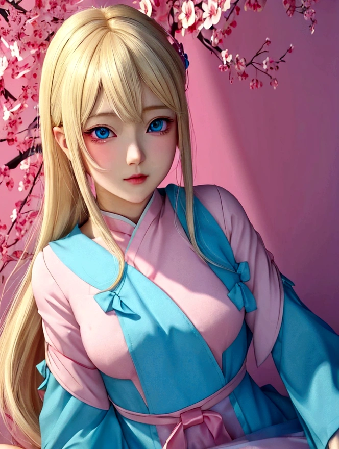 Garota anime loira de olhos azuis com vestido rosa e azul, Ilustração digital de anime, estilo anime. 8K, estilo animed digital art, obras de arte no estilo de guweiz, Retrato realista kawaii, estilo anime portrait, Ilya Kuvshinov. 4K, arte de animação digital, estilo anime 4K, arte digital Ilya Kuvshinov