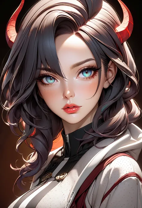 best quality,masterpiece, half body portrait of a woman demon, eyes, nose,lips,hair,freckles,(anime woman:1.3), ,symmetrical eye...