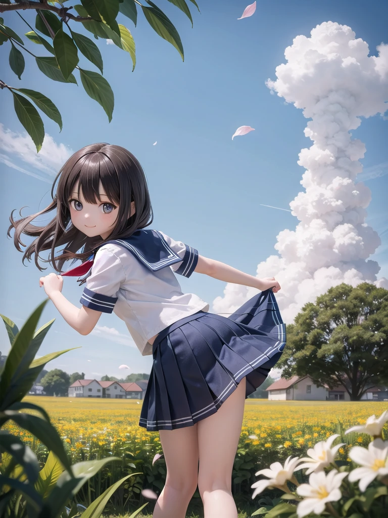 (masterpiece),  town,  blue sky,  One Girl,  smile,  alone,  Sailor suit、Long skirt,  Overgrown,  petal,  plant、Skirt lining、Translucent slip、Nostalgic、Strong winds、Skirt fluttering in the wind