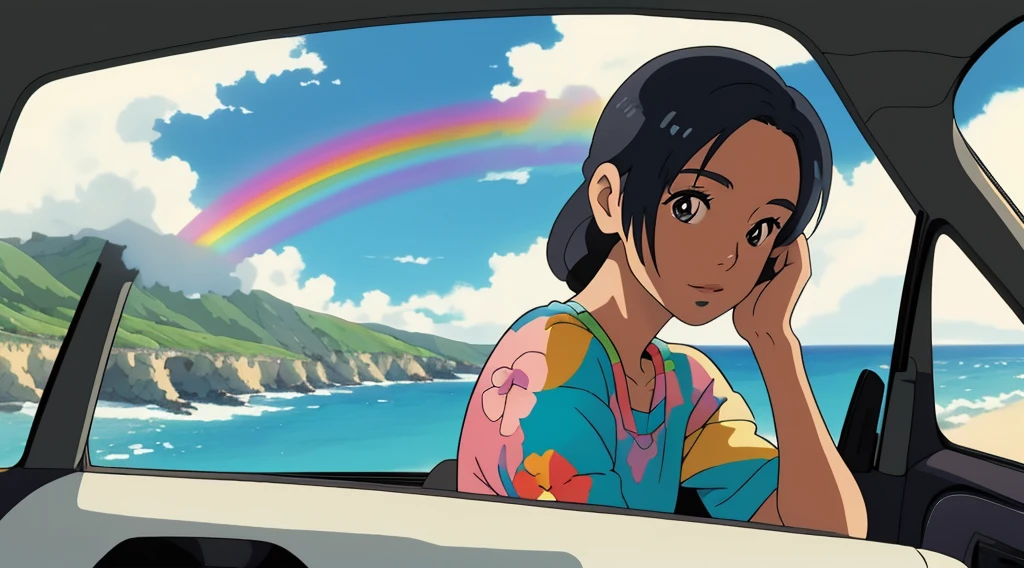 masterpiece, Highest quality, Rainbow Style, anime, Beautiful Asian Girl, tattoo, Sitting in a car, Along the Hawaiian Coast, Cute and dreamy,anime,Illustrator,Lo-fi Girl, Blues,