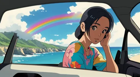 masterpiece, Highest quality, Rainbow Style, anime, Beautiful Asian Girl, tattoo, Sitting in a car, Along the Hawaiian Coast, Cu...