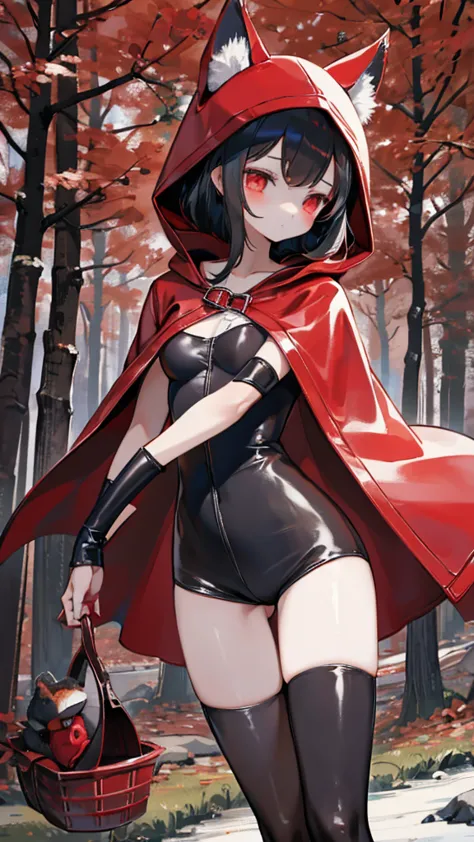 grace，cool girl，handsome girl，little red riding hood，red cape，red hood斗篷，forest background，forest background，hooded girl with a ...