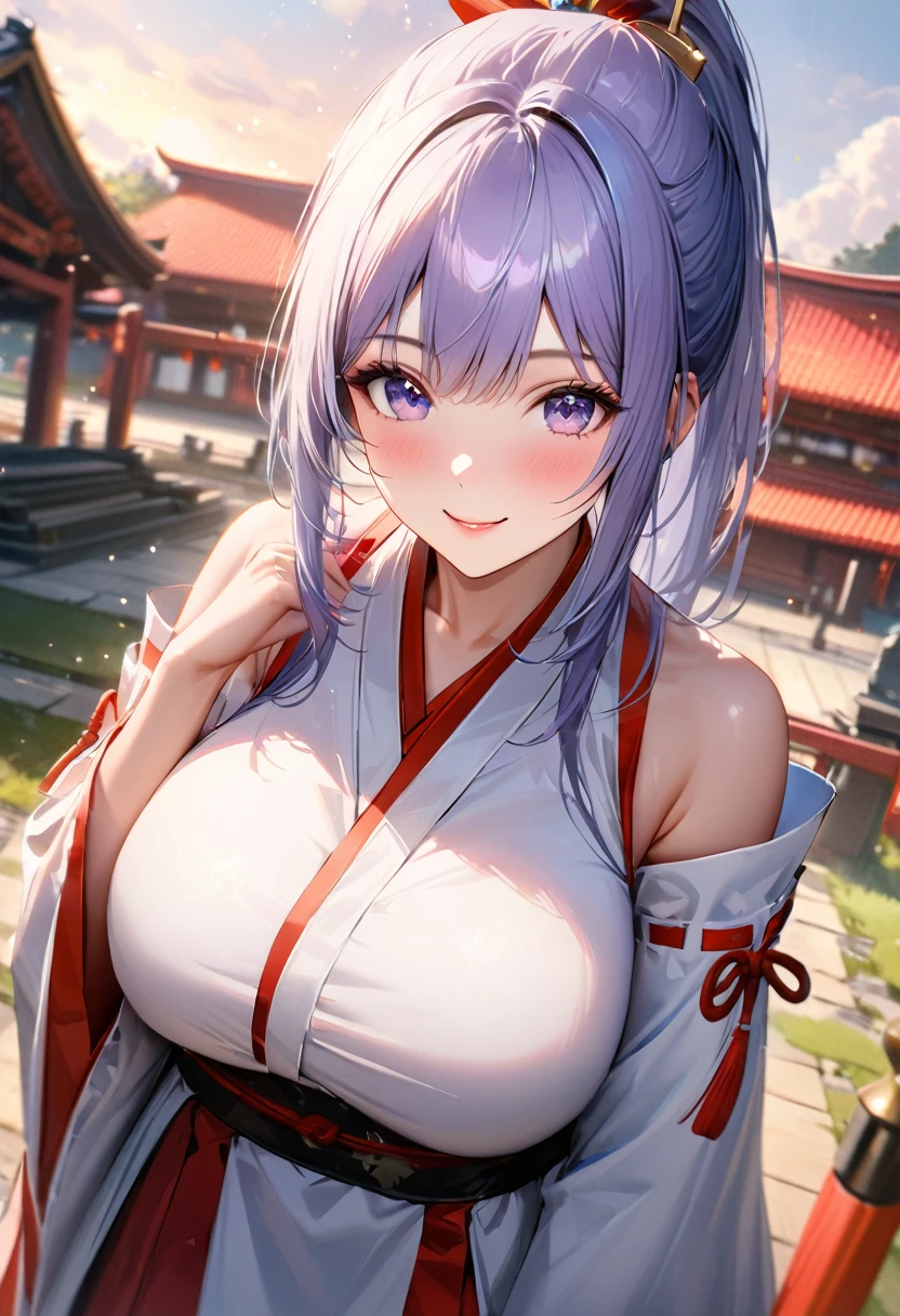 Shrine grounds, Clear sky with white clouds, Miko costume, Blur the background,high school girl,Big Breasts,ponytail,smile,Glitter effect,Highest quality, 8K, High resolution, masterpiece:1.2, Very detailed, Realistic:1.37, High resolution, 超High resolution, Ultra-fine painting, Very detailed, Professional, Vibrant colors