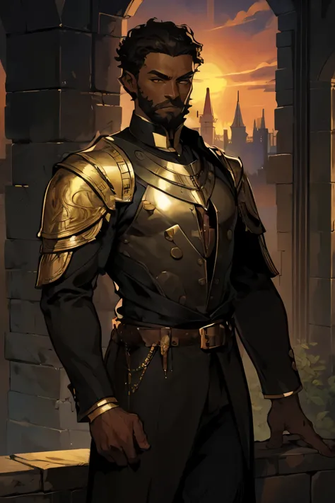 A young dark skin man. He has a short curly hair and a short-boxed beard. A dark medieval breastplate protect his chest and shol...