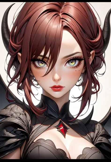 best quality,masterpiece, half body portrait of a woman demon, eyes, nose,lips,hair,freckles,(anime woman:1.3), ,symmetrical eye...