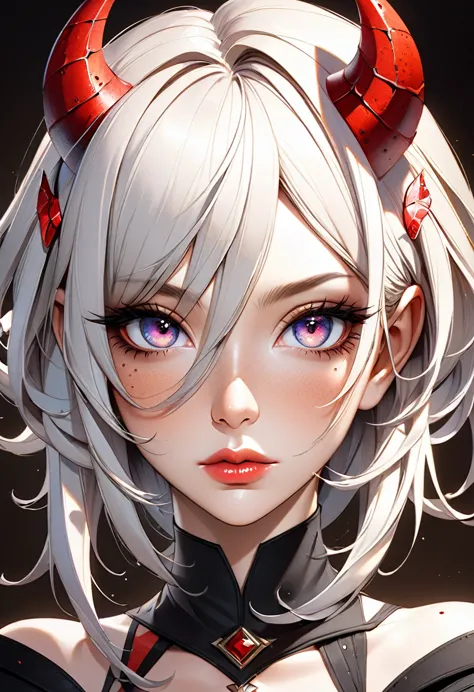 best quality,masterpiece, half body portrait of a woman demon, eyes, nose,lips,hair,freckles,(anime woman:1.3), ,symmetrical eye...