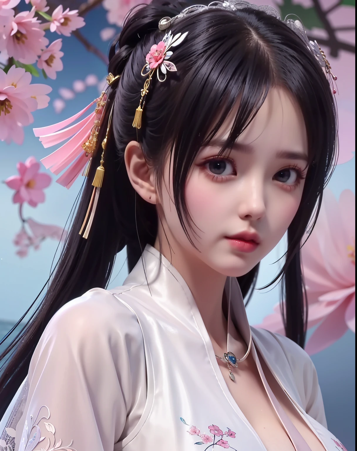 (8k, RAW photo:1.2), best quality, ultra high res,dramatic angle,(fluttered detailed color splashs), (illustration),(((1 girl))),(long hair),(rain:0.9), (Headdress:1.4),There is an ancient palace beside the girl,Hanfu,(Key Points),Color ink painting,(Splash of Color),Splash of Color,(((colorful))),(sketch:0.8) , Masterpiece, best quality, beautiful painted, highly detailed,(denoising:0.6),[splash ink],((ink refraction)), (beautiful detailed sky),moon,highly,detaild,(masterpiece, best quality, extremely detailed） CG Unity 8k Wallpaper，masterpiece，best quality，Ultra Detailed），（Lycoris）. hanfu open v   open V-chested clothes Thin silk lace dress , (huge ，cleavage),, white pink, blue ，best qualtiy，tmasterpiece，Ultra-high resolution，（Reality：1.4），RAW photogr，（True skin texture：1.3），（filmgrain：1.3），（Selfie angle），1个Giant Breast Girl，Beautiful eye and face details，tmasterpiece，Best quality at best，，The chest more exposed， detailed hair, bra pink , detail 8k, full body, lace petticoat, fan handle