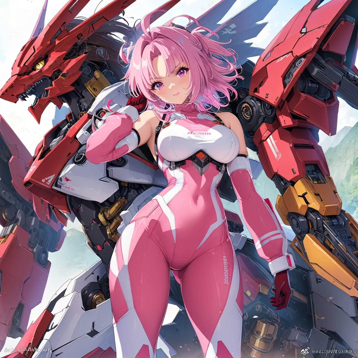 A man in his fifties with pink and white hair and a pink and white helmet, Looking back in a tight-fitting pilot suit, Detailed digital anime art, Best anime 4k konachan wallpaper, アニメMecha aesthetics, Highly detailed digital art in 4K, robot mech woman, ((A robot with a feminine form)),Dragon Head, Wallop and Krentz Kuschaert, Highly detailed anime, Mecha aesthetics, Advanced Digital Animation Art