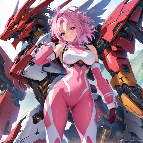 A man in his fifties with pink and white hair and a pink and white helmet, Looking back in a tight-fitting pilot suit, Detailed ...