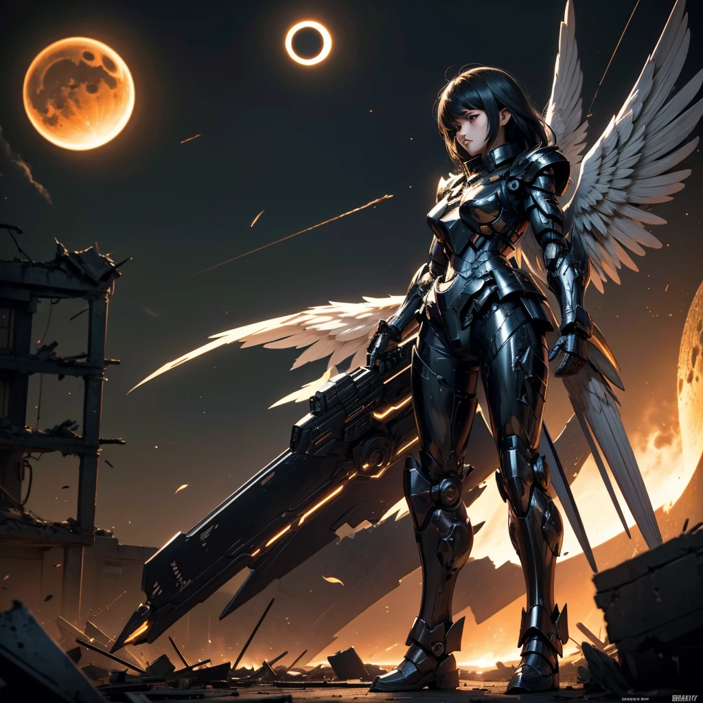 female mecha wings of angel, in black armor, in a destroyed city, the night, with an eclipse in the background