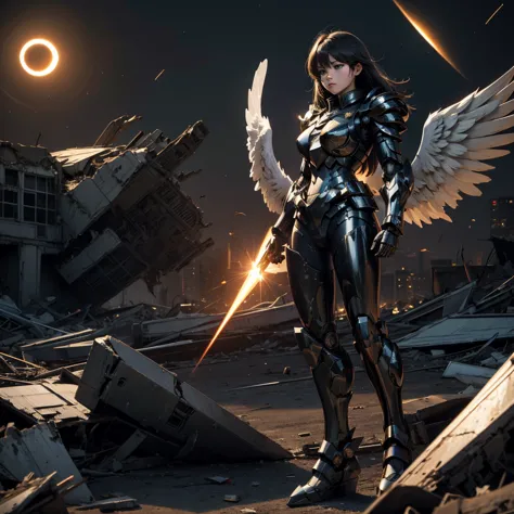 female mecha wings of angel, in black armor, in a destroyed city, the night, with an eclipse in the background