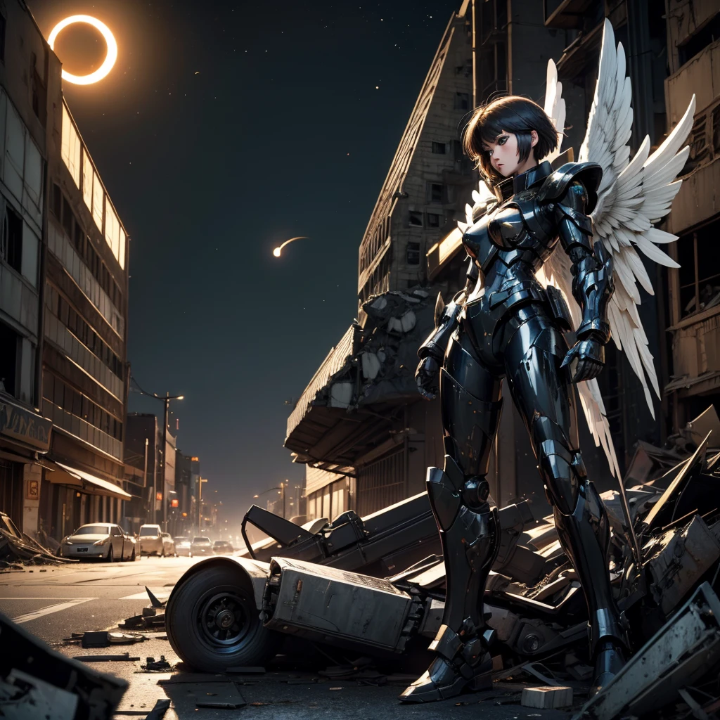 female mecha wings of angel, in black armor, in a destroyed city, the night, with an eclipse in the background