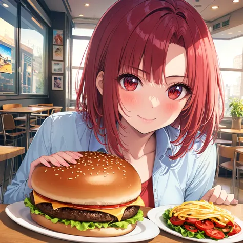 30 year old Brazilian woman eating a hamburger in a modern cafeteria decorated in blue and red tones. She is happy, Looking into...