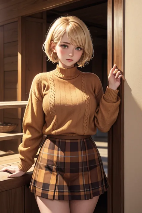 20 year old woman short blonde hair tender face blushing orange woolen sweater short plaid skirt