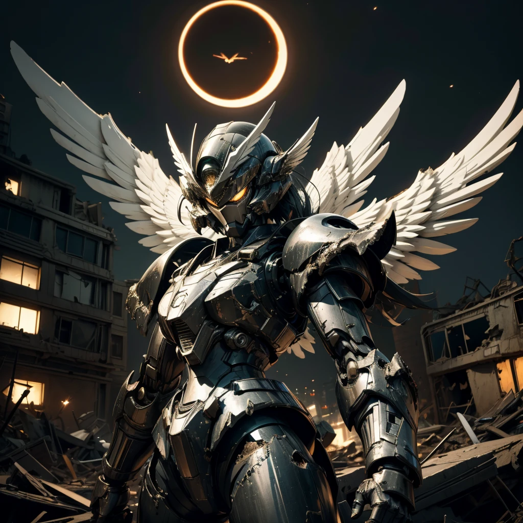 female mecha wings of angel, in black armor, in a destroyed city, the night, with an eclipse in the background