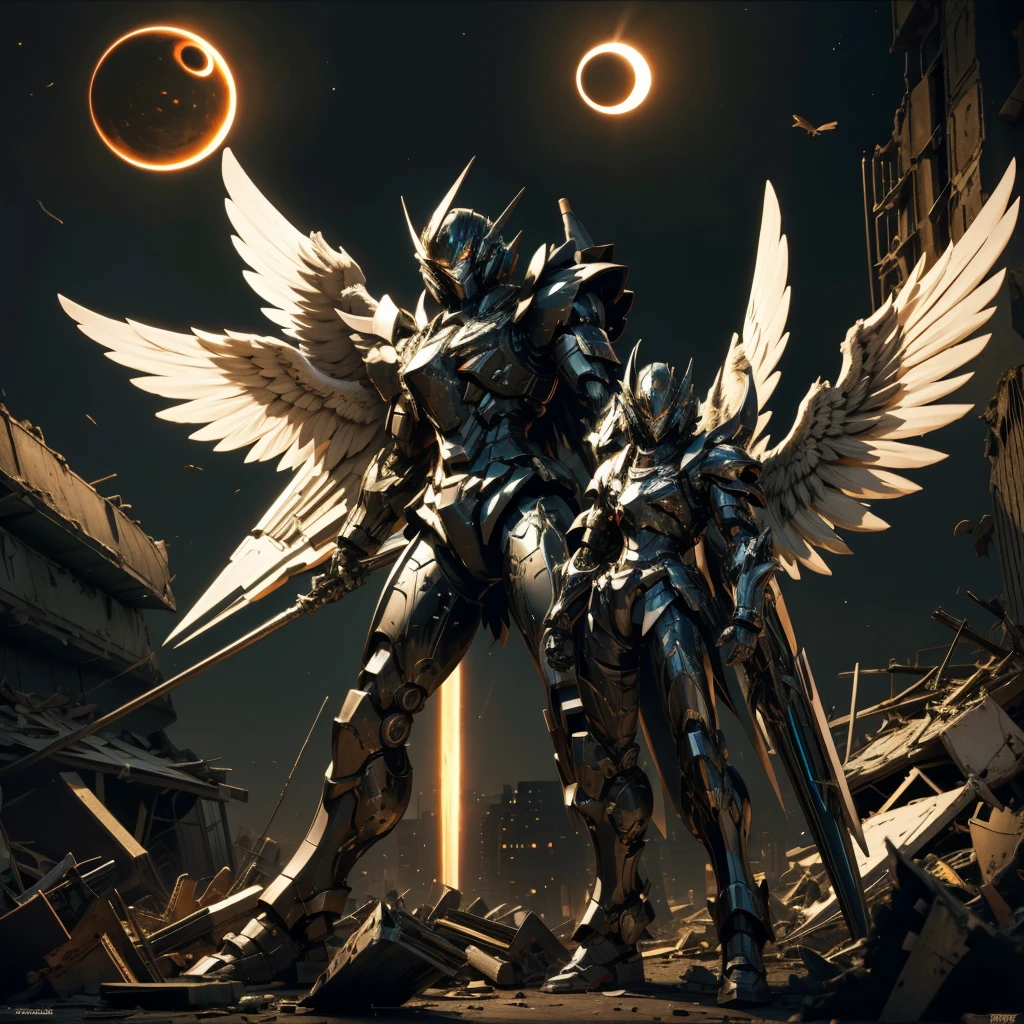 female mecha wings of angel, in black armor, in a destroyed city, the night, with an eclipse in the background