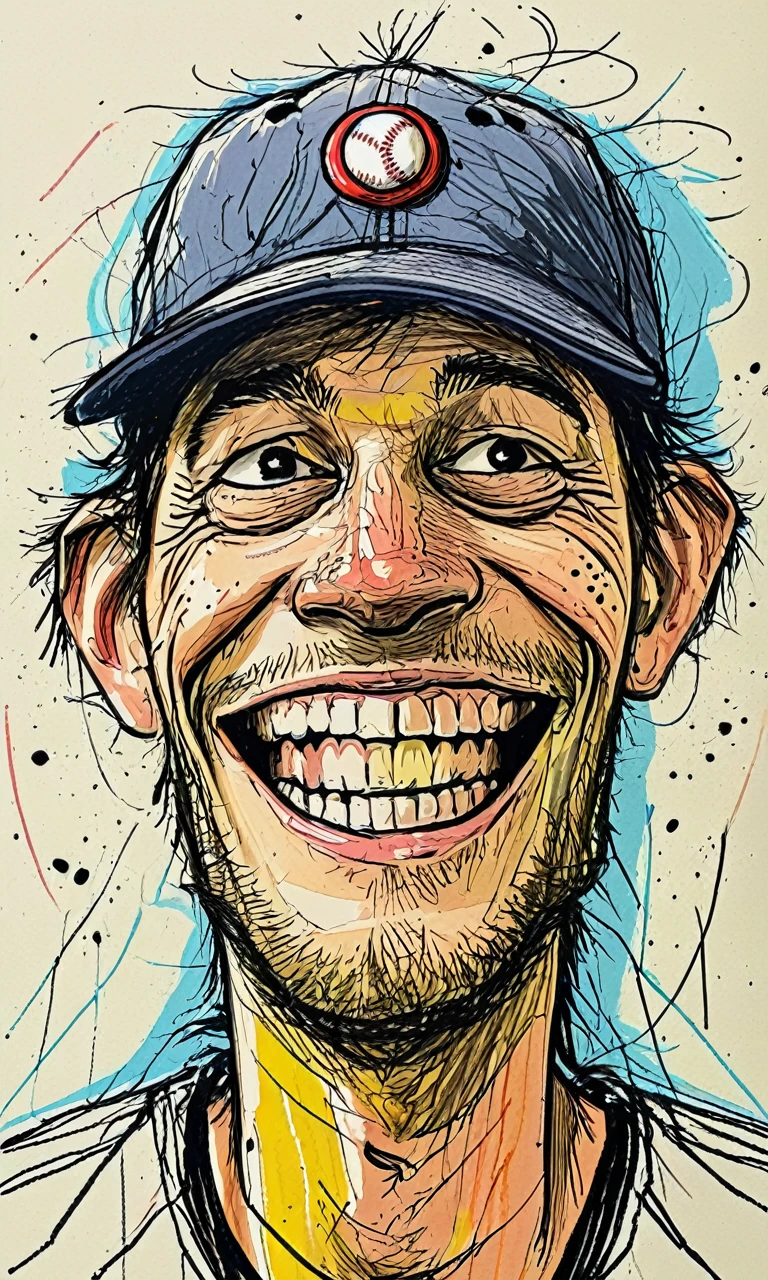 color mdsktch of a man wearing a baseball cap grinning 