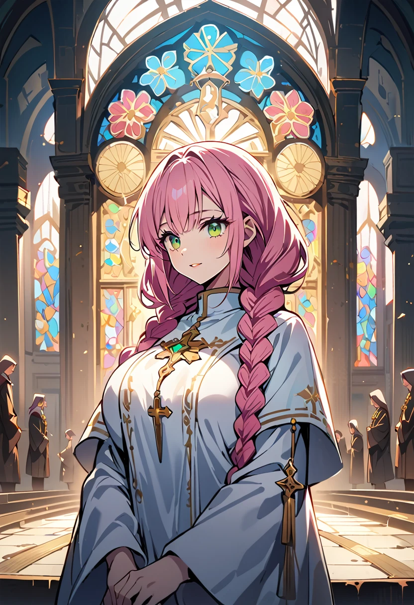 (Highest quality, 4K, 8K, High resolution, masterpiece:1.2), Very detailed, Nuns, prayer, Beautiful attention to detail, Beautiful lip detail, Very detailed目と顔, Long eyelashes, Calm expression, Soft lighting, Religious atmosphere, Rosary, Fingertips touch, Sacred Sun, Sacred Space, Soft sunlight shining through stained glass, Angelic Being, Solemn ceremony, Faith and dedication, The tranquility of the monastery, Green Eyes, Long Hair, Pink hair green, Braids, Two-tone hair,Medium Chest, whole body, Show Viewer, Large Breasts, Big Breasts, 