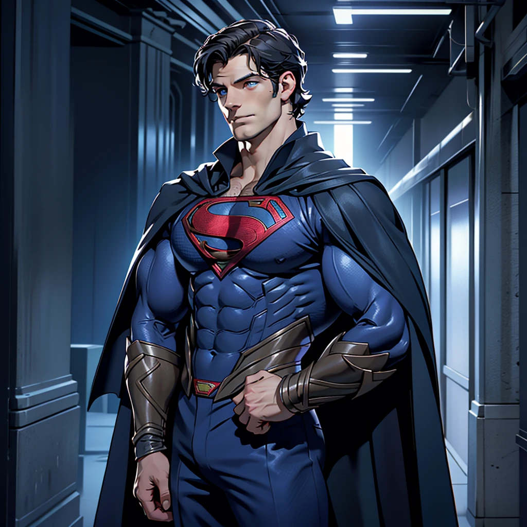 In a masterpiece of high resolution,1 solo man, a 35-year-old man stands alone, elegantly posed against the backdrop of a dark, gloomy hallway. The man is identified as Henry CAVILL, known for his tactical prower, and he is dressed in superman suit, highlighted by the blue flying cape, which reveals his well-defined biceps, abs, and chest., adding an air of professionalism to the image.

With a smirk on his face, henry cavill towers over the scene, a sign of his dominance and supremacy 