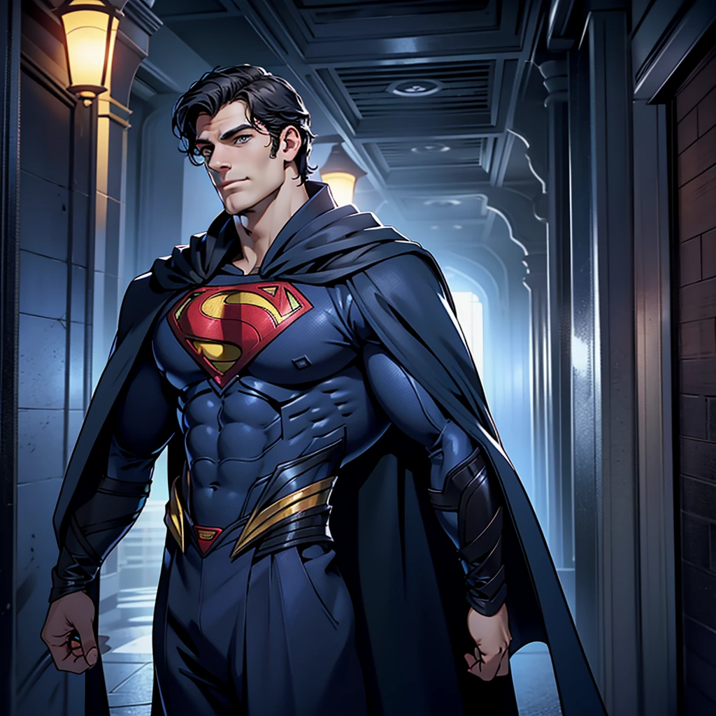 In a masterpiece of high resolution,1 solo man, a 35-year-old man stands alone, elegantly posed against the backdrop of a dark, gloomy hallway. The man is identified as Henry CAVILL, known for his tactical prower, and he is dressed in superman suit, highlighted by the blue flying cape, which reveals his well-defined biceps, abs, and chest., adding an air of professionalism to the image.

With a smirk on his face, henry cavill towers over the scene, a sign of his dominance and supremacy 