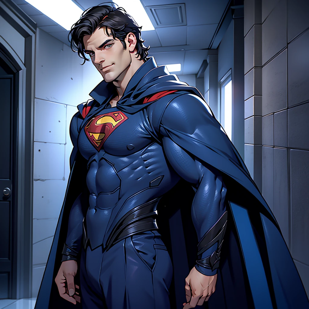 In a masterpiece of high resolution,1 solo man, a 35-year-old man stands alone, elegantly posed against the backdrop of a dark, gloomy hallway. The man is identified as Henry CAVILL, known for his tactical prower, and he is dressed in superman suit, highlighted by the blue flying cape, which reveals his well-defined biceps, abs, and chest., adding an air of professionalism to the image.

With a smirk on his face, henry cavill towers over the scene, a sign of his dominance and supremacy 