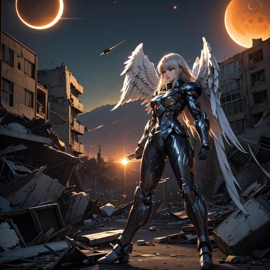 female mecha wings of angel, in black armor, in a destroyed city, the night, with an eclipse in the background