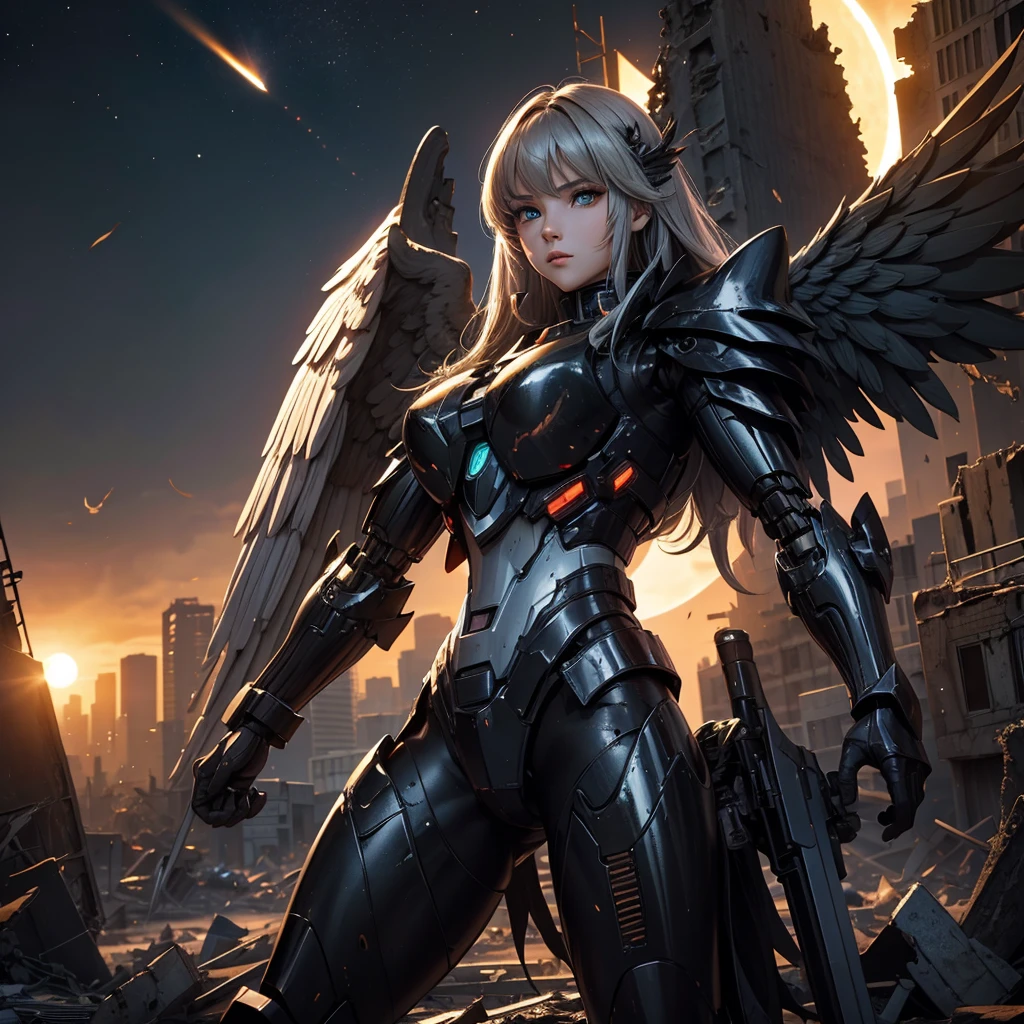 female mecha wings of angel, in black armor, in a destroyed city, the night, with an eclipse in the background