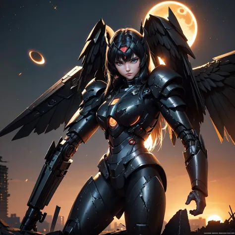 female mecha wings of angel, in black armor, in a destroyed city, the night, with an eclipse in the background