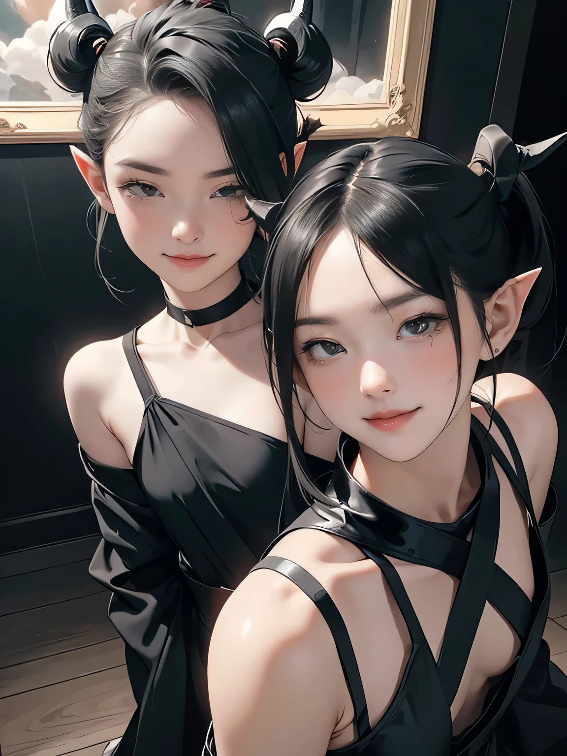 Black Hair, Short Ponytail, Fuji Frame, Angel Halo, Devil horns, Variegated eyes, Pointy Ears, smile, Young people, Conceptual Art, realism, Chiaroscuro, Anatomically correct, Textured skin