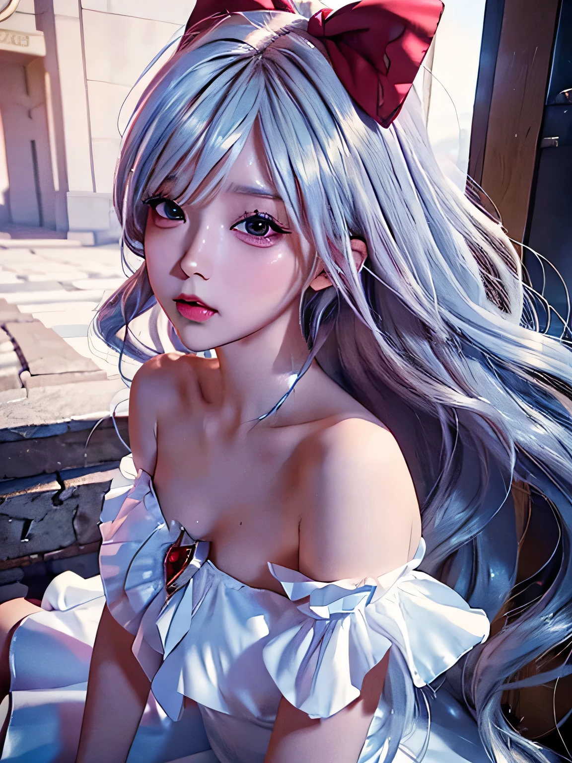 Anime girl with long gray hair and a red bow - SeaArt AI