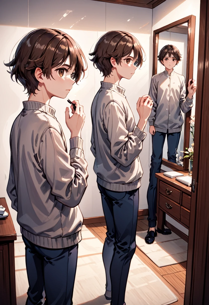 Create an anime-style illustration of a young person looking at themselves in a mirror. The scene should be set in a modern, minimalistic room. The young person is standing in front of a large, frameless mirror with an expression of contemplation and curiosity. Ensure that the reflection in the mirror is a mirror image, showing the exact reversed details of their face, clothing, and surroundings. The lighting should be soft, with natural light coming through a nearby window, casting gentle shadows. The overall mood of the illustration should convey a sense of self-reflection and introspection, capturing the nuances of their gaze and the subtle differences in the mirrored image.