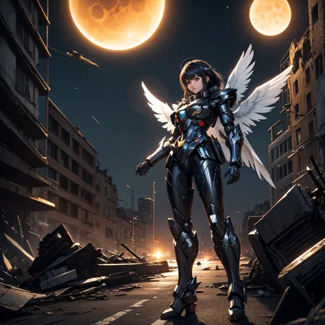 female mecha wings of angel, in black armor, in a destroyed city, the night, with an eclipse in the background