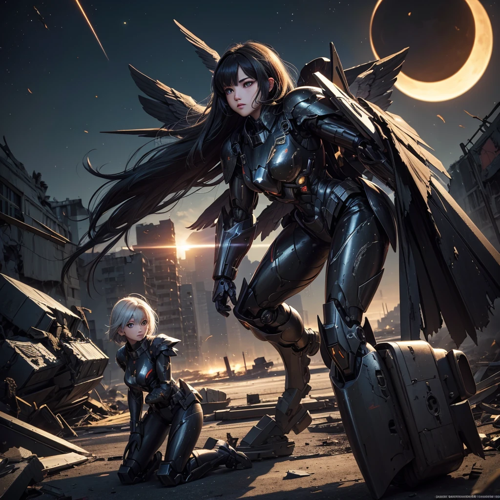 female mecha wings of angel, in black armor, in a destroyed city, the night, with an eclipse in the background