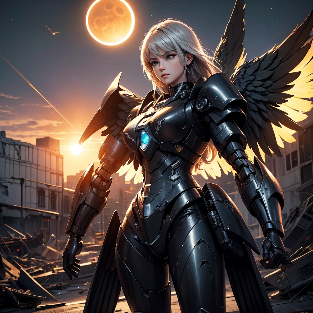 female mecha wings of angel, in black armor, in a destroyed city, the night, with an eclipse in the background