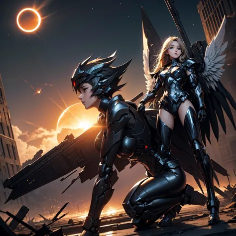 female mecha wings of angel, in black armor, in a destroyed city, the night, with an eclipse in the background