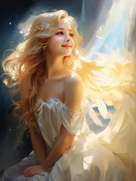 1 angel girl, wings on your back、blonde, long hair, alone、smile、magic, strapless white dress、hopeful face、