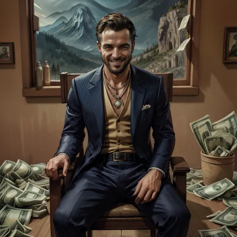 1 man sitting on a throne made of banknotes, wearing a suit, crown, large gemstone necklace, rings on every finger, smiling, sur...